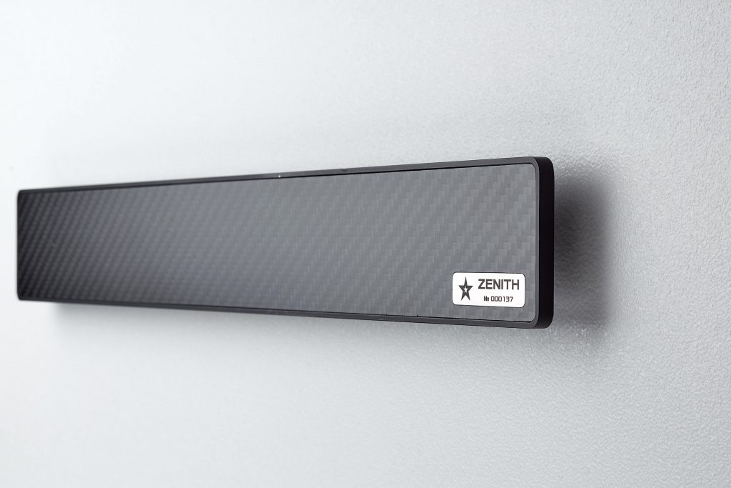 Magnetic Knife Holder ZENITH Carbon fiber glossy Black (mounted on wall, side view)