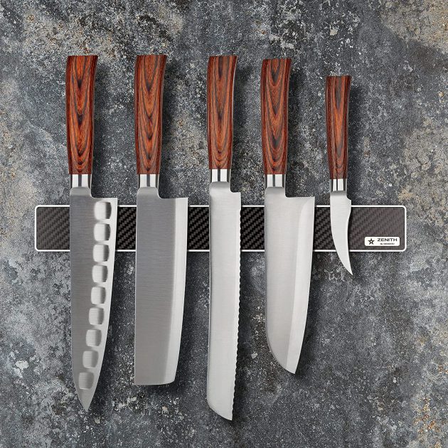 Magnetic Knife Holder ZENITH Carbon fiber glossy Silver (wall mounted, with knives)