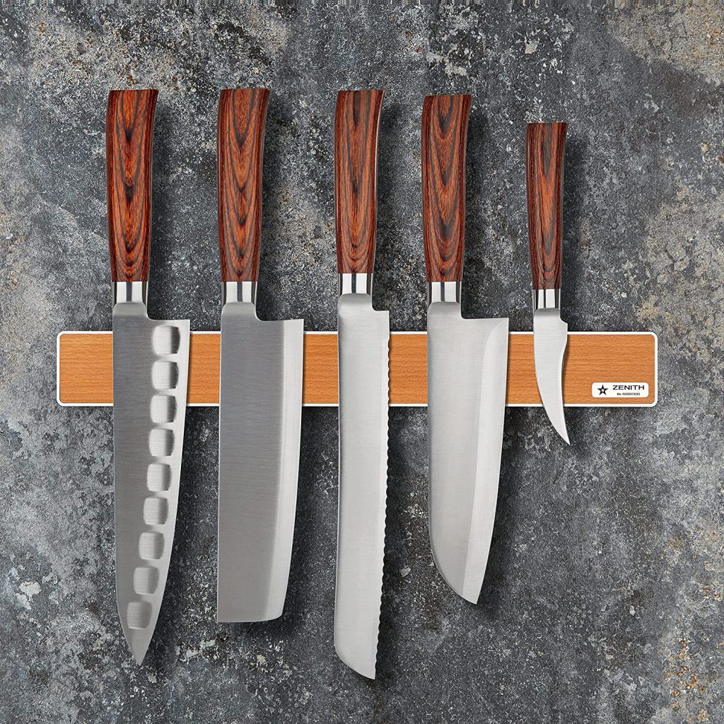 Magnetic Knife Holder ZENITH European beech Silver (wall mounted, with knives)